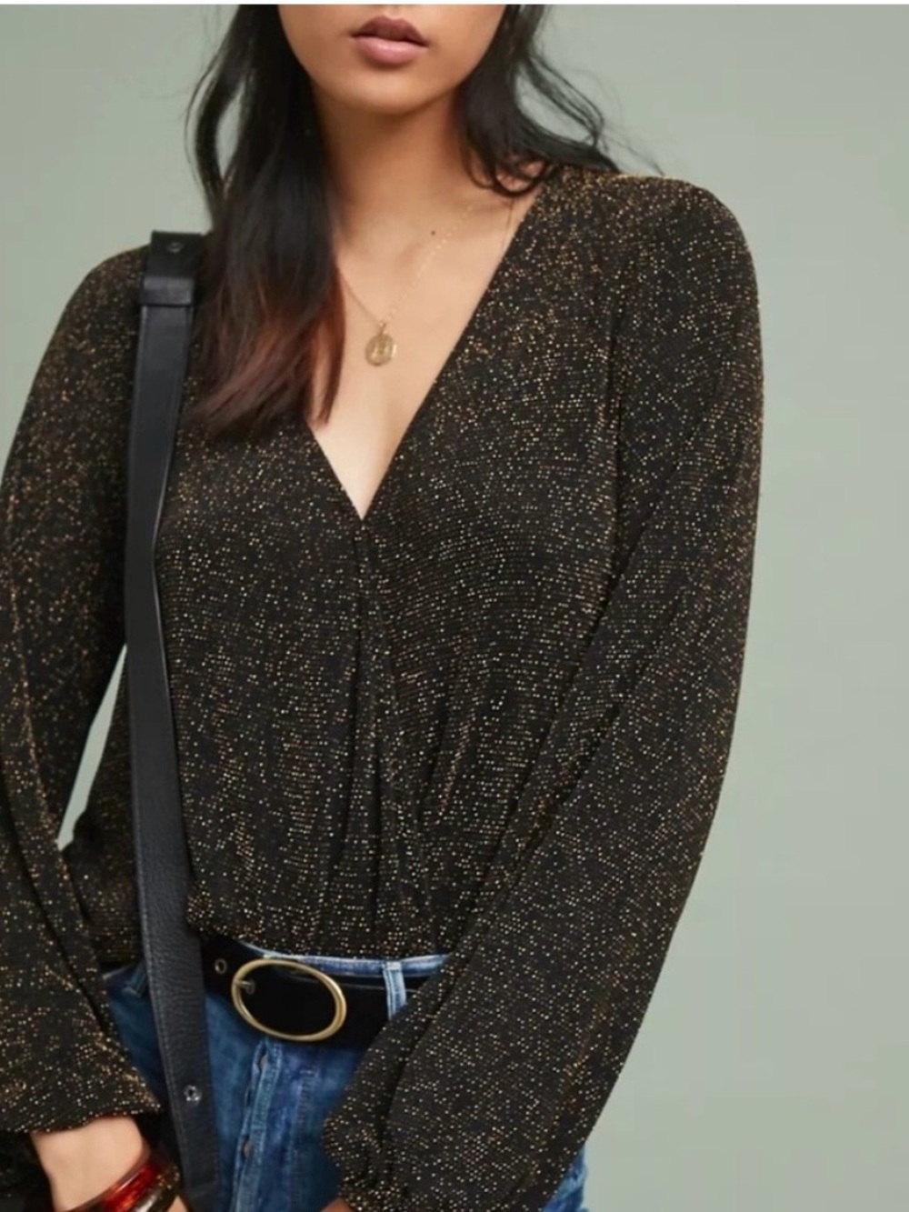 Anthropologie If By Sea Black with Gold Metallic Sparkle Kenton Surplice Top